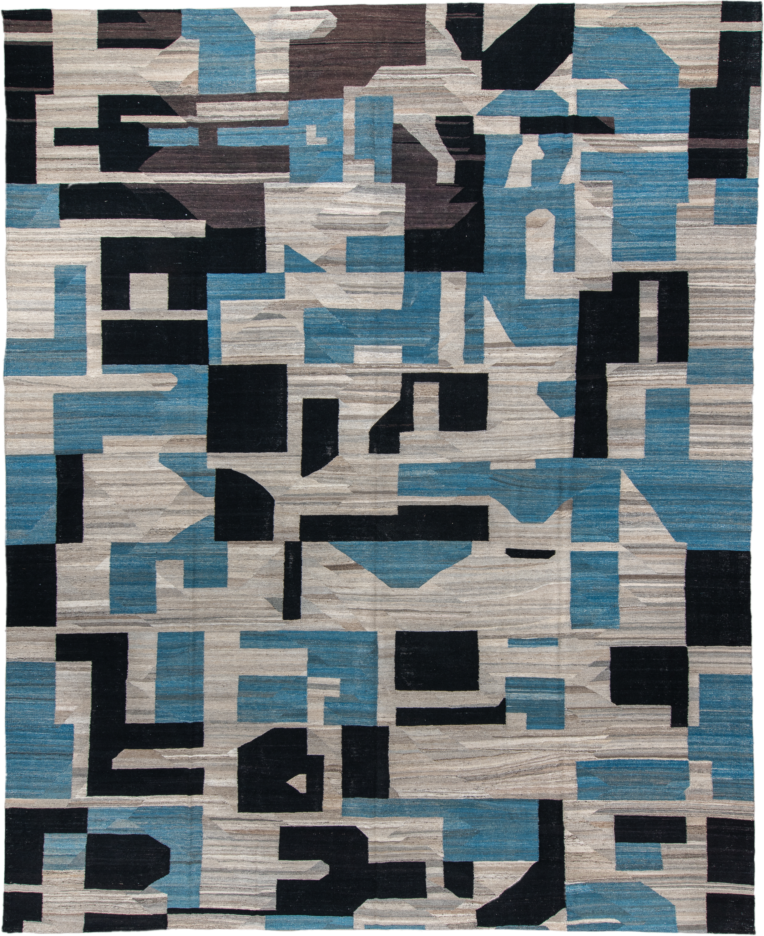 13' x 16' one-of-a-kind handmade vintage Kilim oversize rug. Color palette: ivory, sky_blue, charcoal, brown, taupe