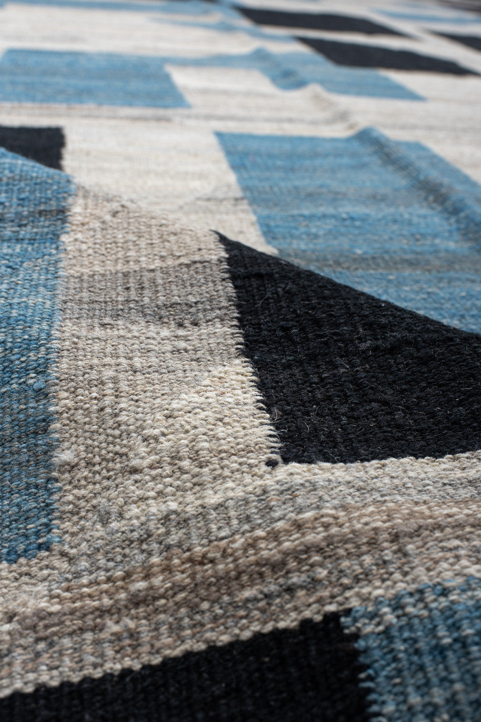 13' x 16' one-of-a-kind handmade vintage Kilim oversize rug. Color palette: ivory, sky_blue, charcoal, brown, taupe