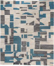 13' x 16' one-of-a-kind handmade vintage Kilim oversize rug. Color palette: ivory, teal, charcoal, slate, gray, black