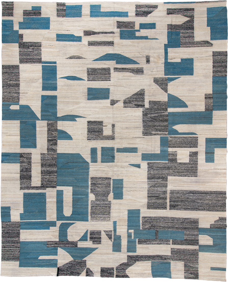 13' x 16' one-of-a-kind handmade vintage Kilim oversize rug. Color palette: ivory, teal, charcoal, slate, gray, black