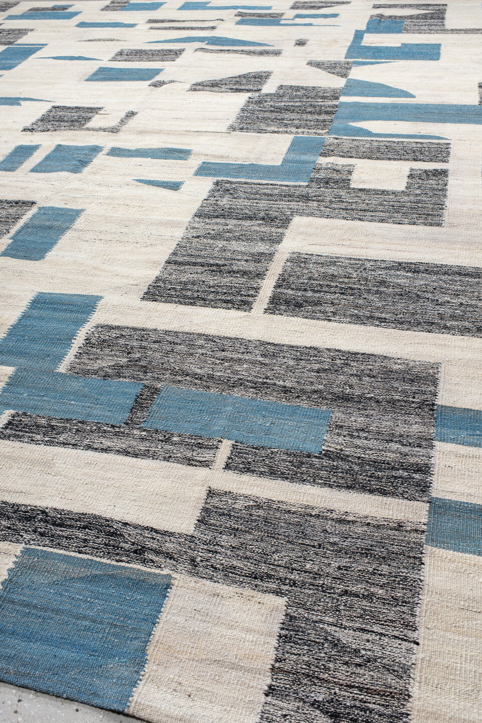13' x 16' one-of-a-kind handmade vintage Kilim oversize rug. Color palette: ivory, teal, charcoal, slate, gray, black