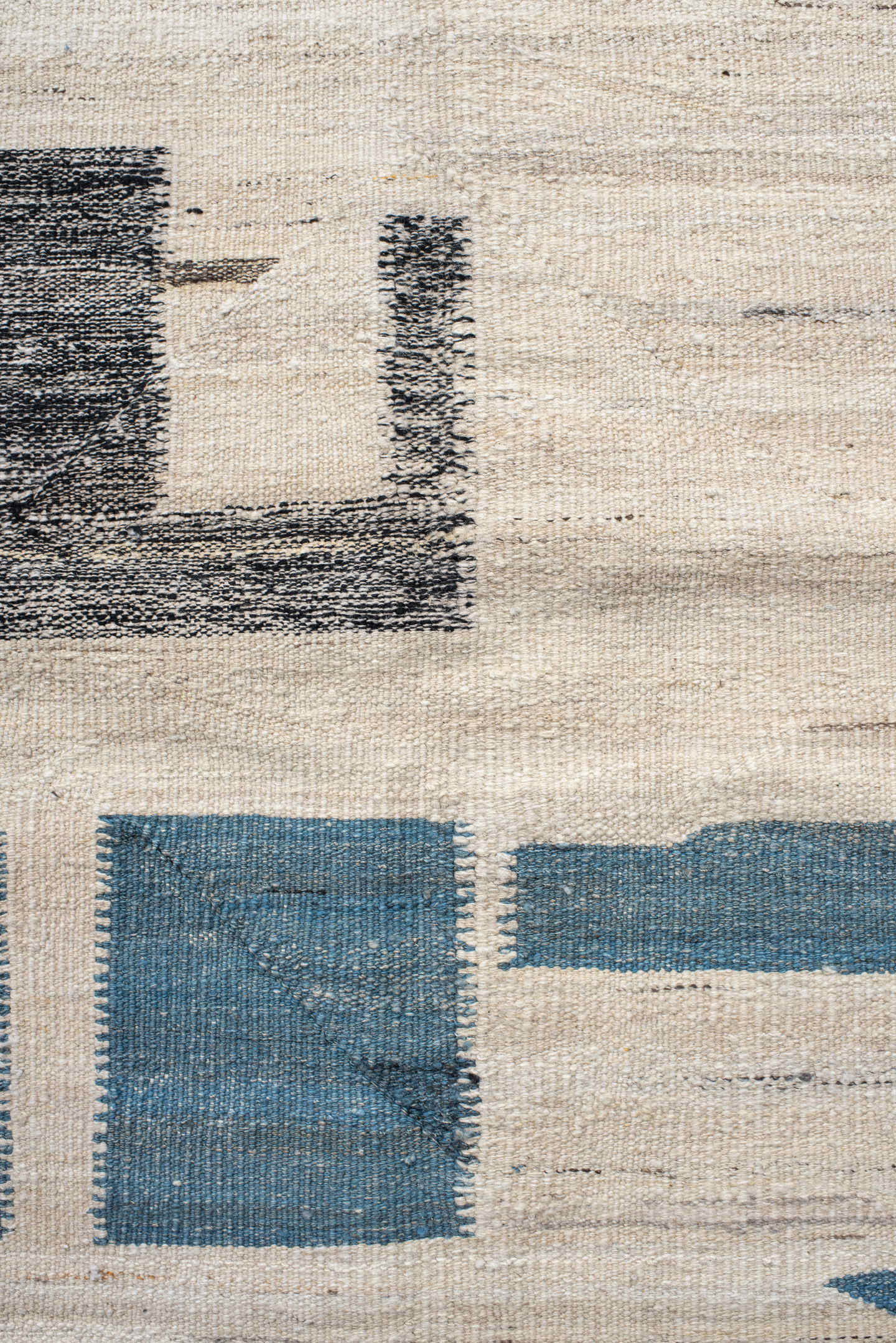 13' x 16' one-of-a-kind handmade vintage Kilim oversize rug. Color palette: ivory, teal, charcoal, slate, gray, black