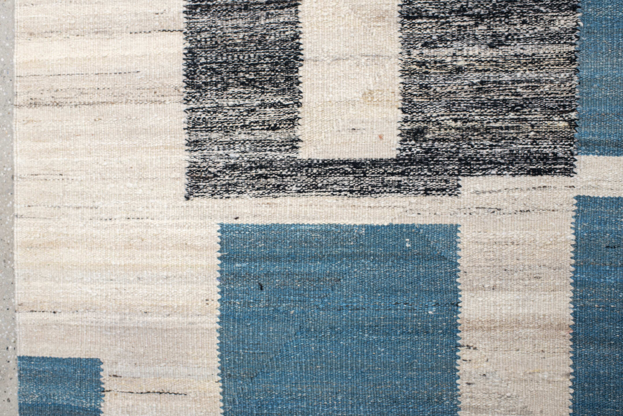 13' x 16' one-of-a-kind handmade vintage Kilim oversize rug. Color palette: ivory, teal, charcoal, slate, gray, black