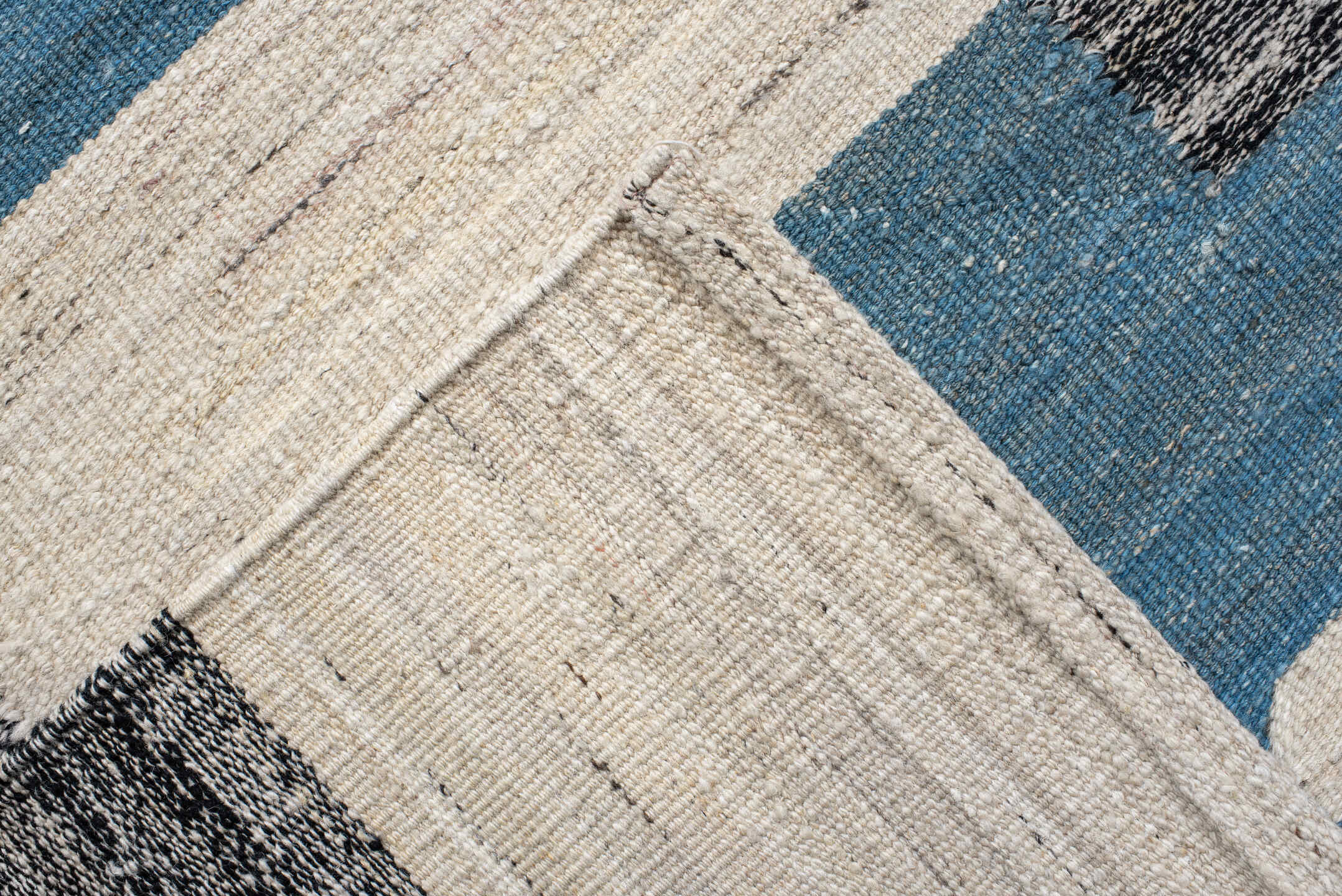 13' x 16' one-of-a-kind handmade vintage Kilim oversize rug. Color palette: ivory, teal, charcoal, slate, gray, black