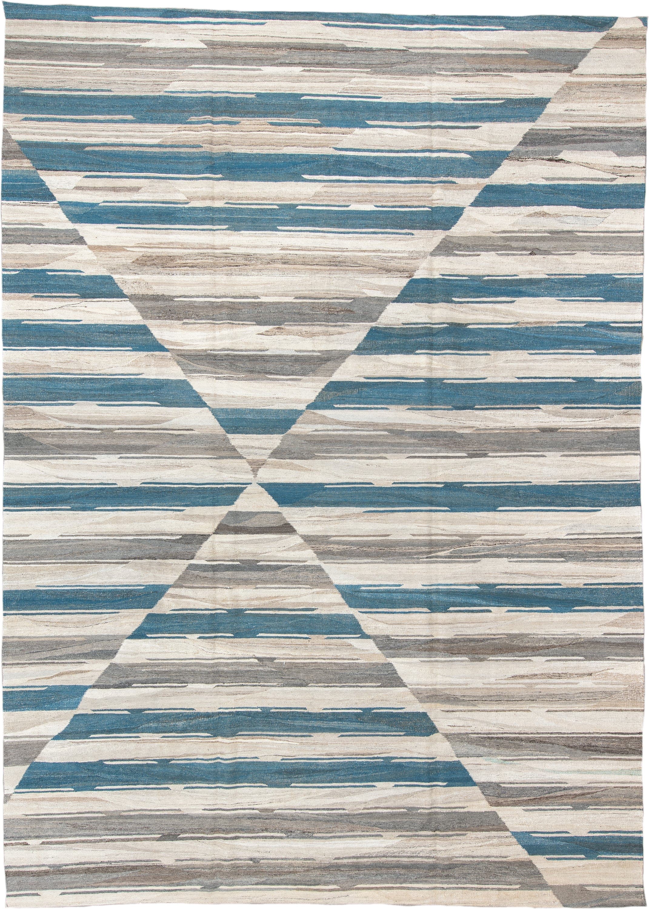 10' x 13' one-of-a-kind handmade vintage Kilim large size rug. Color palette: ivory, blue, gray, taupe, beige