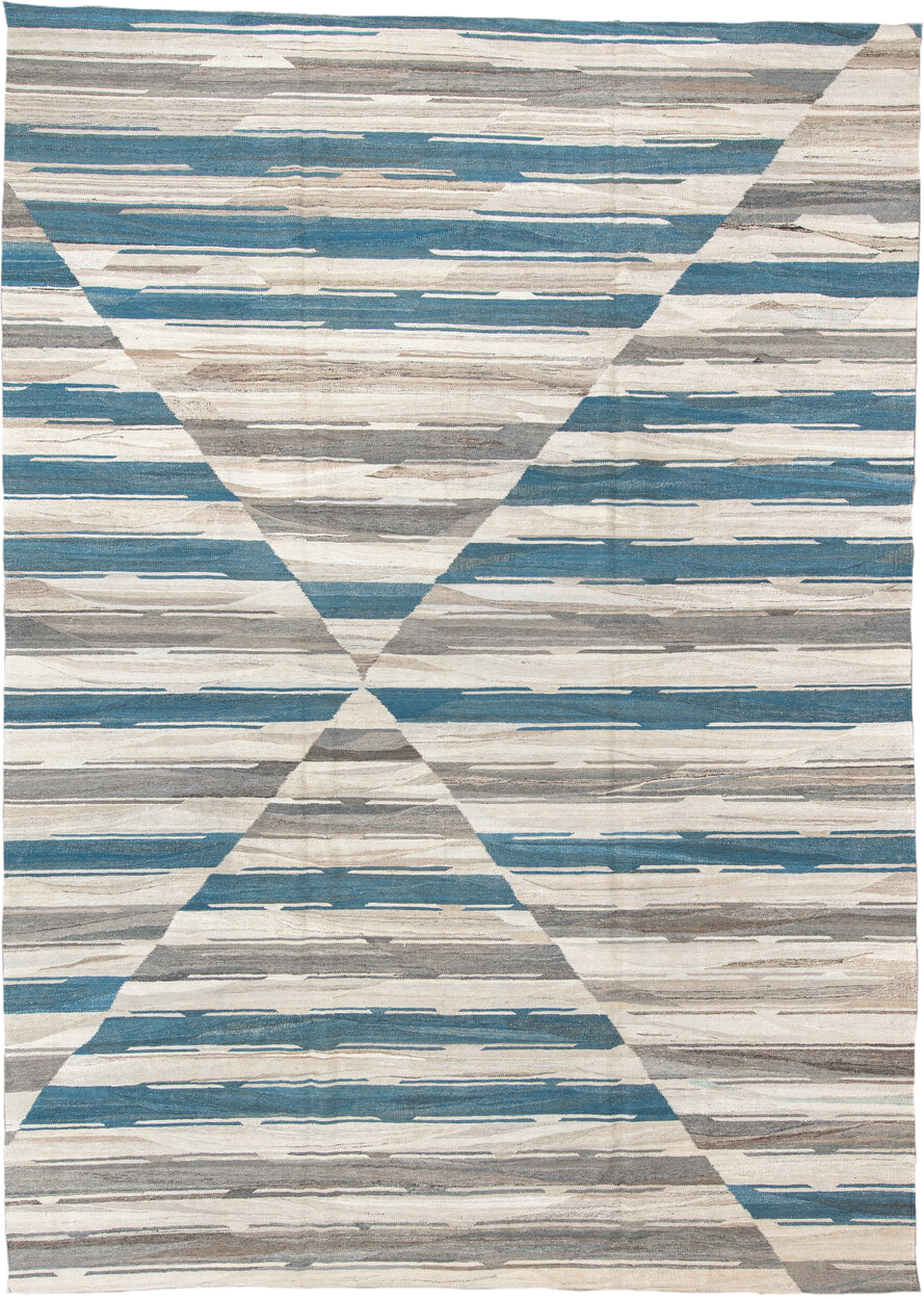 10' x 13' one-of-a-kind handmade vintage Kilim large size rug. Color palette: ivory, blue, gray, taupe, beige