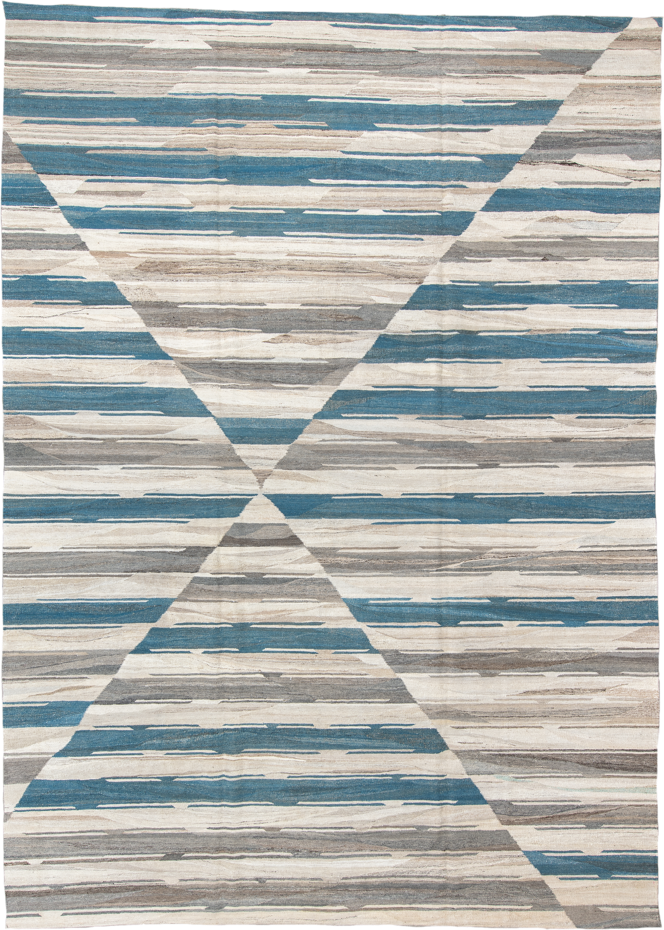 10' x 13' one-of-a-kind handmade vintage Kilim large size rug. Color palette: ivory, blue, gray, taupe, beige