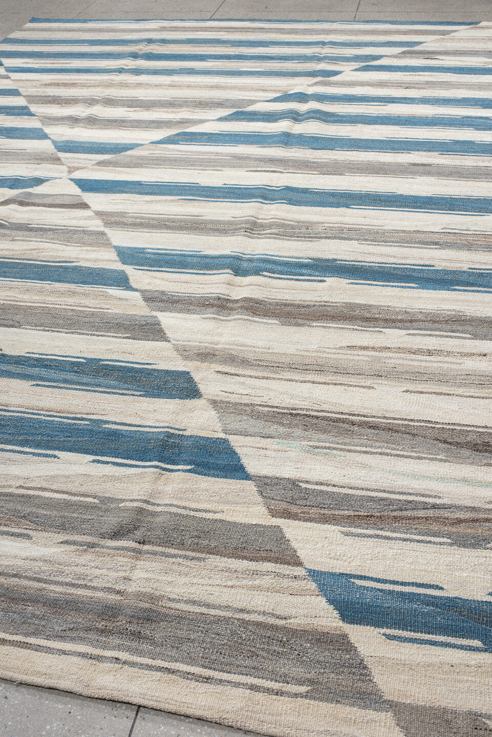 10' x 13' one-of-a-kind handmade vintage Kilim large size rug. Color palette: ivory, blue, gray, taupe, beige