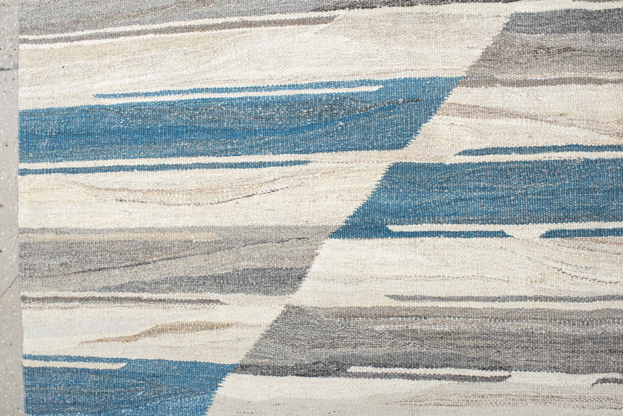 10' x 13' one-of-a-kind handmade vintage Kilim large size rug. Color palette: ivory, blue, gray, taupe, beige