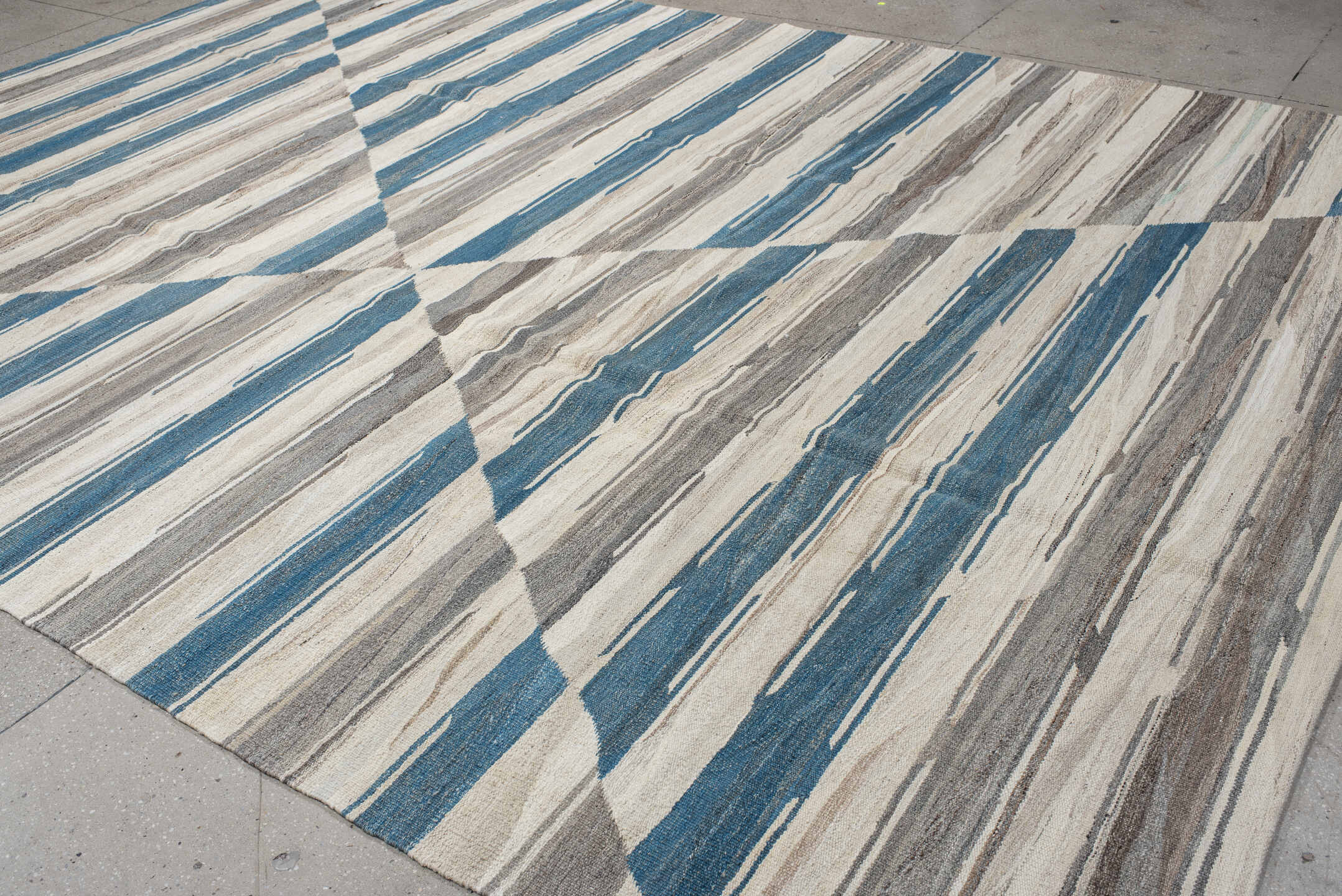 10' x 13' one-of-a-kind handmade vintage Kilim large size rug. Color palette: ivory, blue, gray, taupe, beige