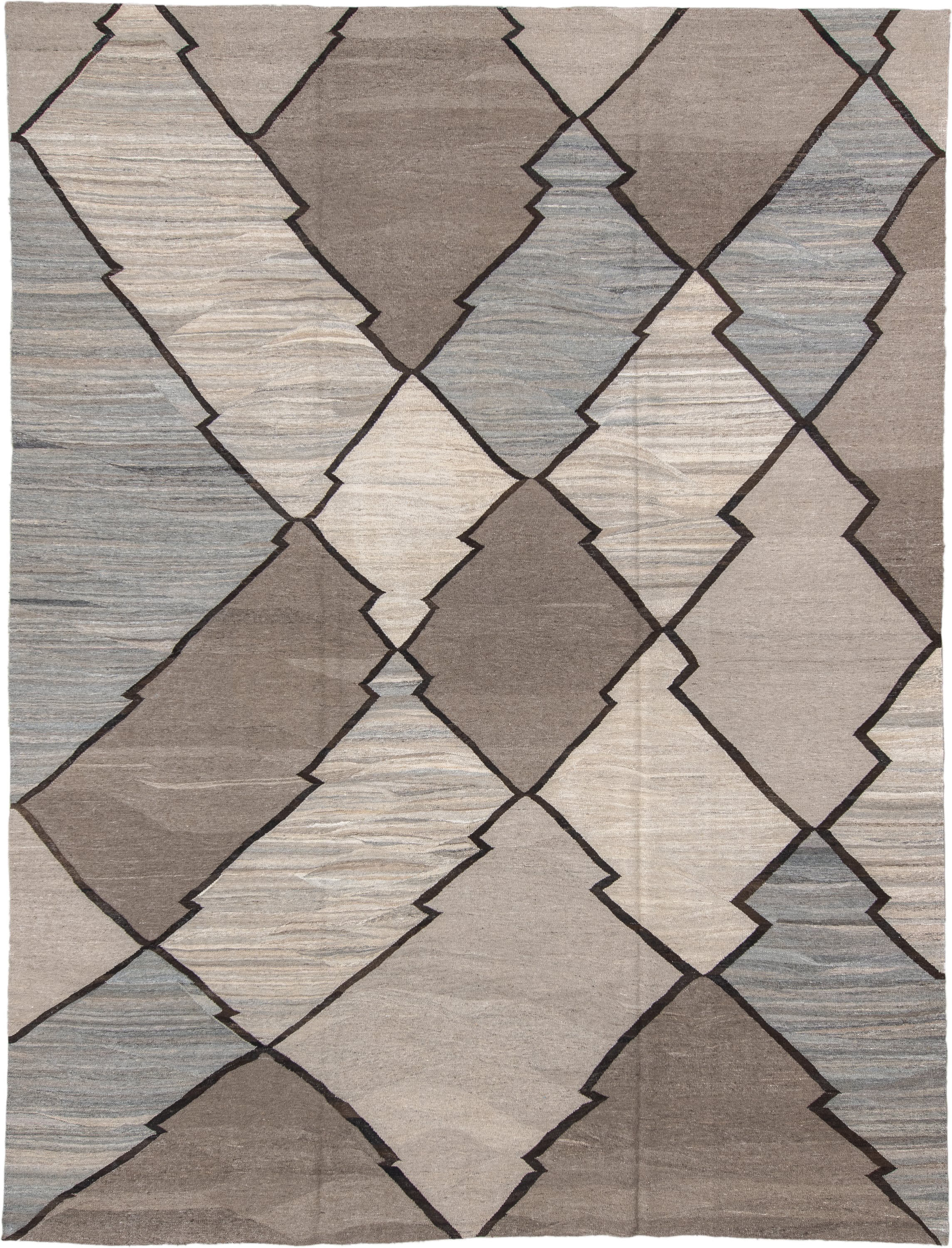 10' x 13' one-of-a-kind handmade vintage Kilim large size rug. Color palette: taupe, ivory, gray, charcoal, slate, beige