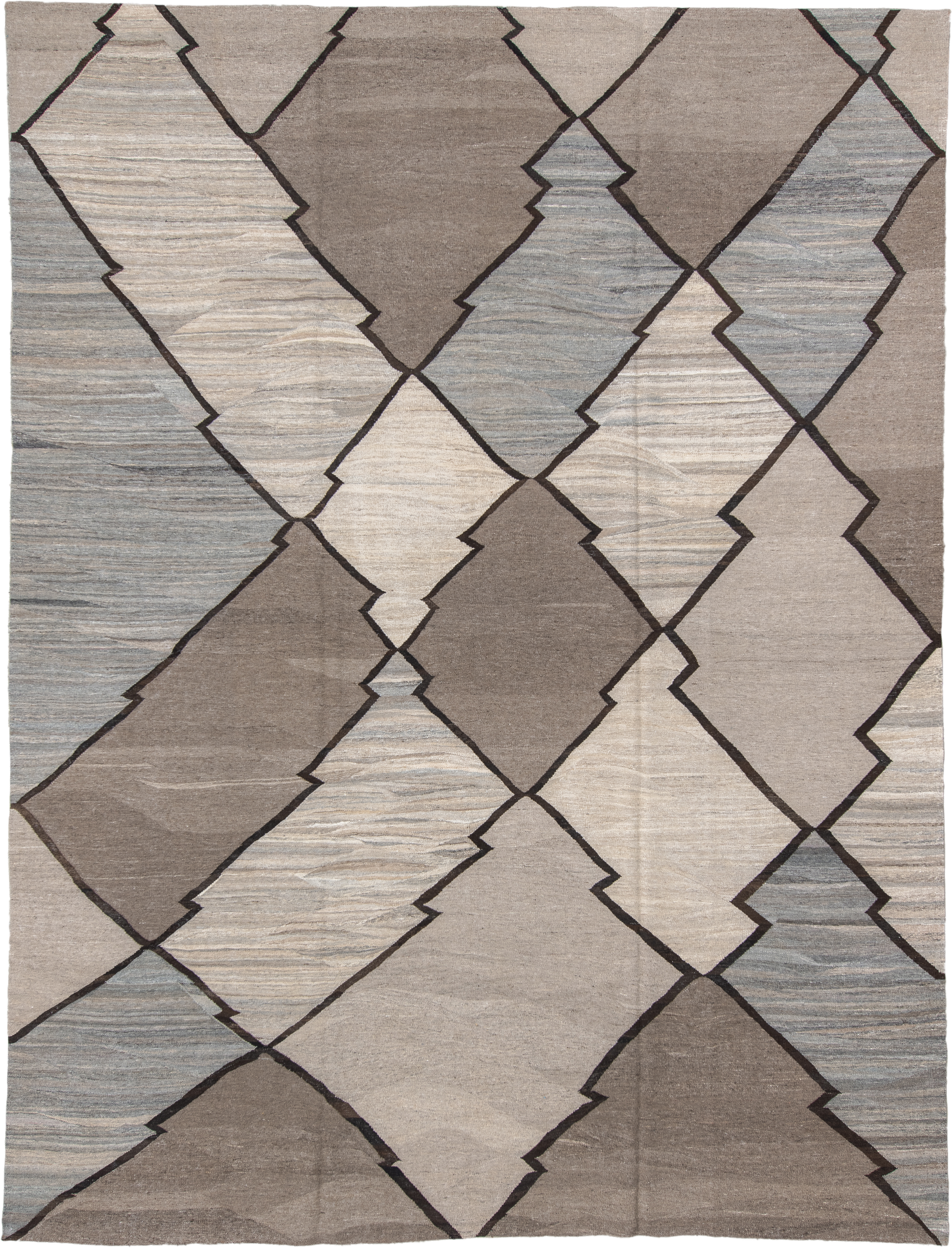 10' x 13' one-of-a-kind handmade vintage Kilim large size rug. Color palette: taupe, ivory, gray, charcoal, slate, beige