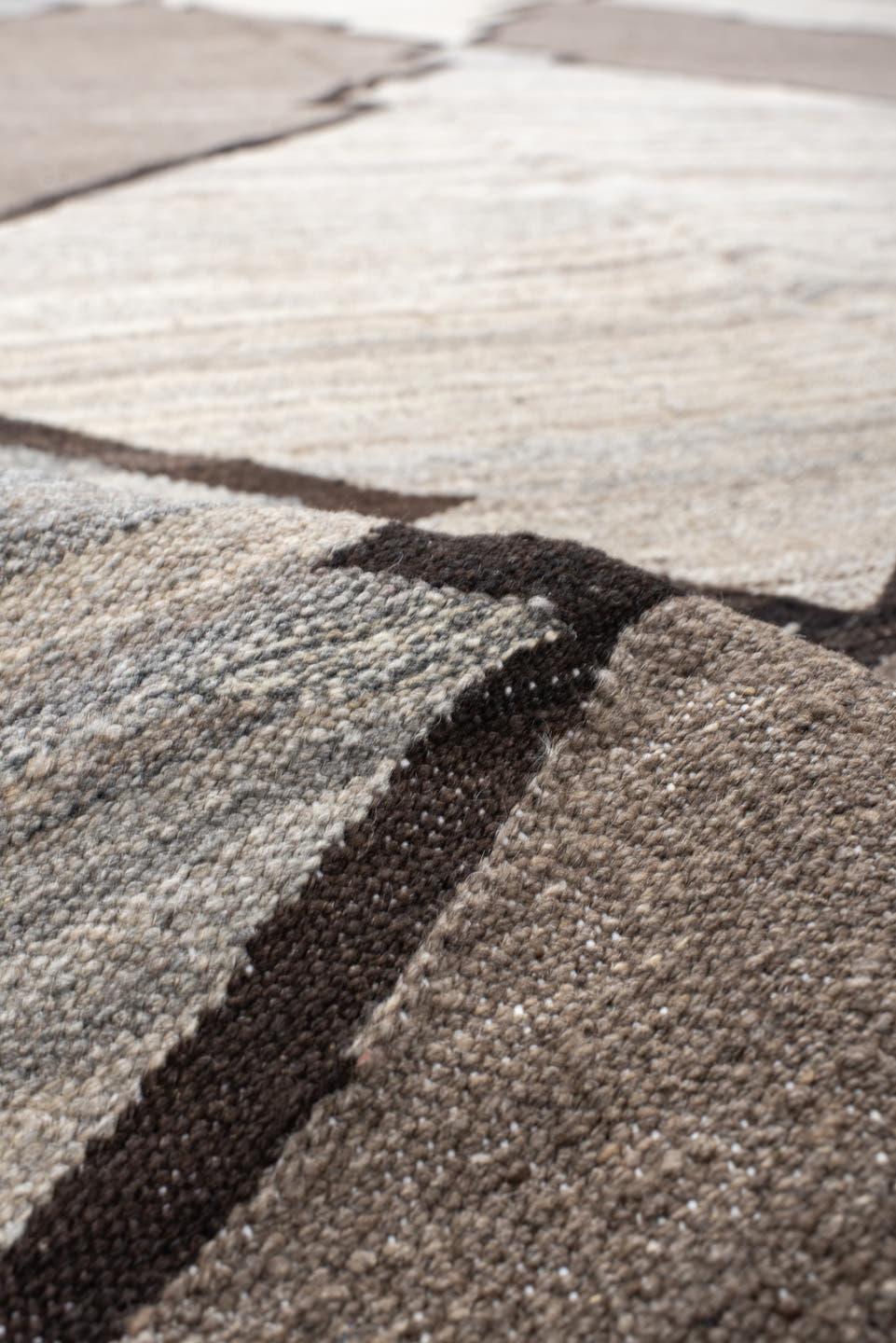 10' x 13' one-of-a-kind handmade vintage Kilim large size rug. Color palette: taupe, ivory, gray, charcoal, slate, beige