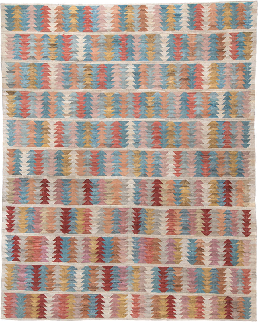 14' x 17' one-of-a-kind handmade vintage Kilim oversize rug. Color palette: ivory, sky_blue, rose, coral, gold, taupe