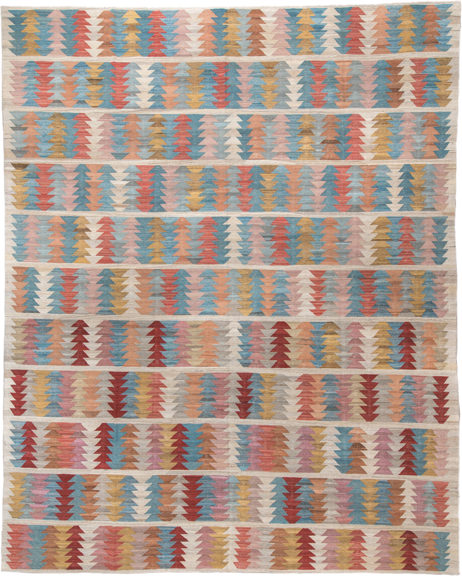 14' x 17' one-of-a-kind handmade vintage Kilim oversize rug. Color palette: ivory, sky_blue, rose, coral, gold, taupe