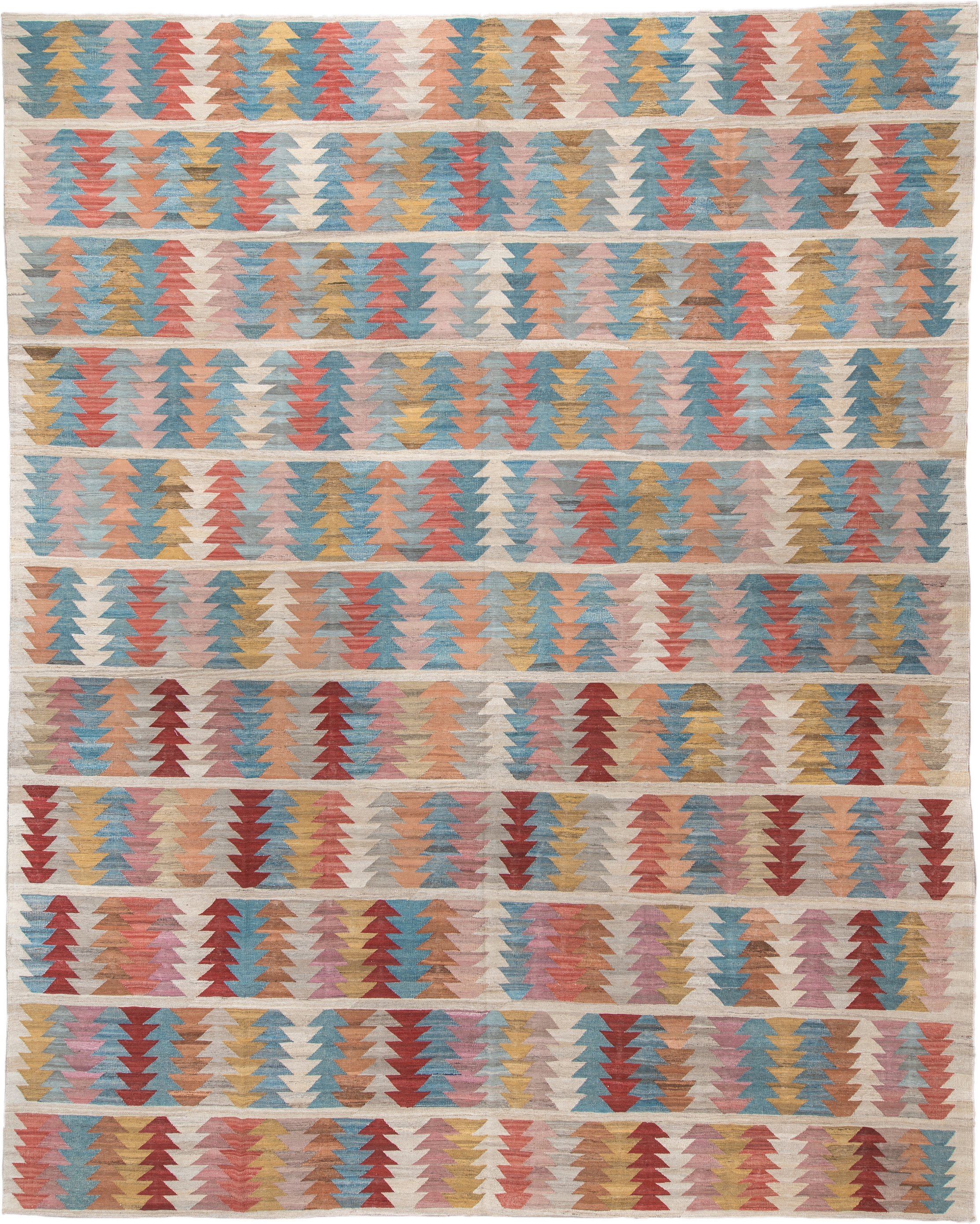 14' x 17' one-of-a-kind handmade vintage Kilim oversize rug. Color palette: ivory, sky_blue, rose, coral, gold, taupe