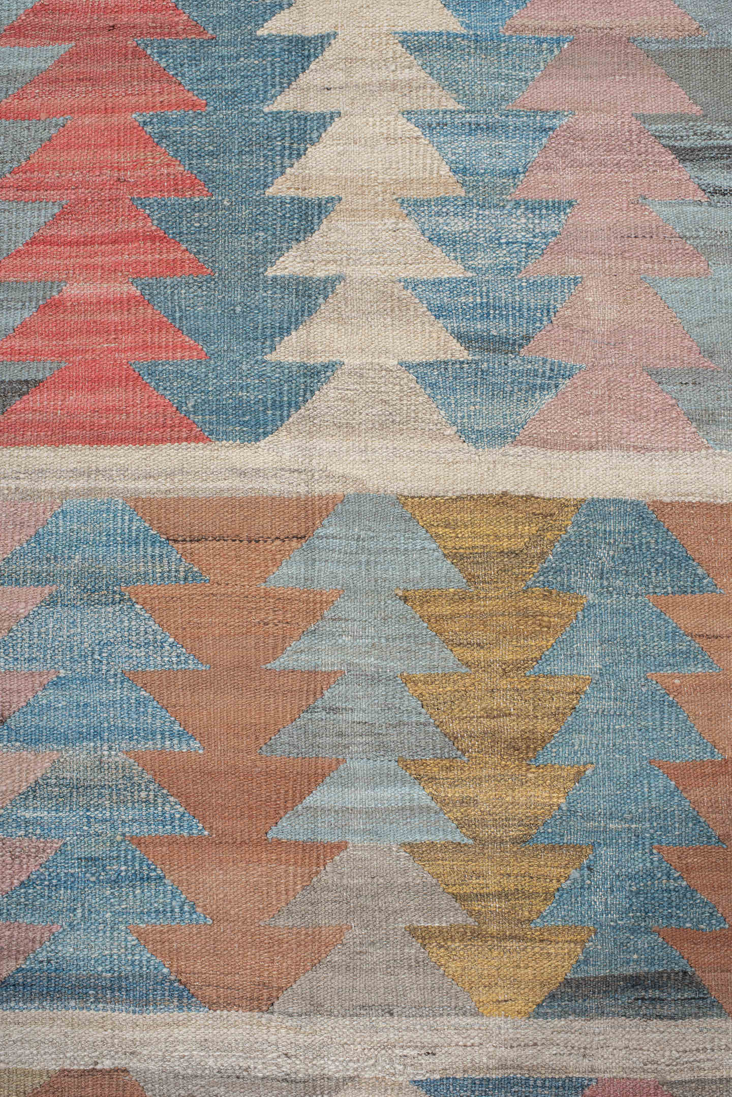 14' x 17' one-of-a-kind handmade vintage Kilim oversize rug. Color palette: ivory, sky_blue, rose, coral, gold, taupe