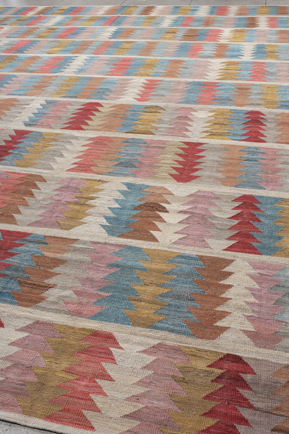 14' x 17' one-of-a-kind handmade vintage Kilim oversize rug. Color palette: ivory, sky_blue, rose, coral, gold, taupe
