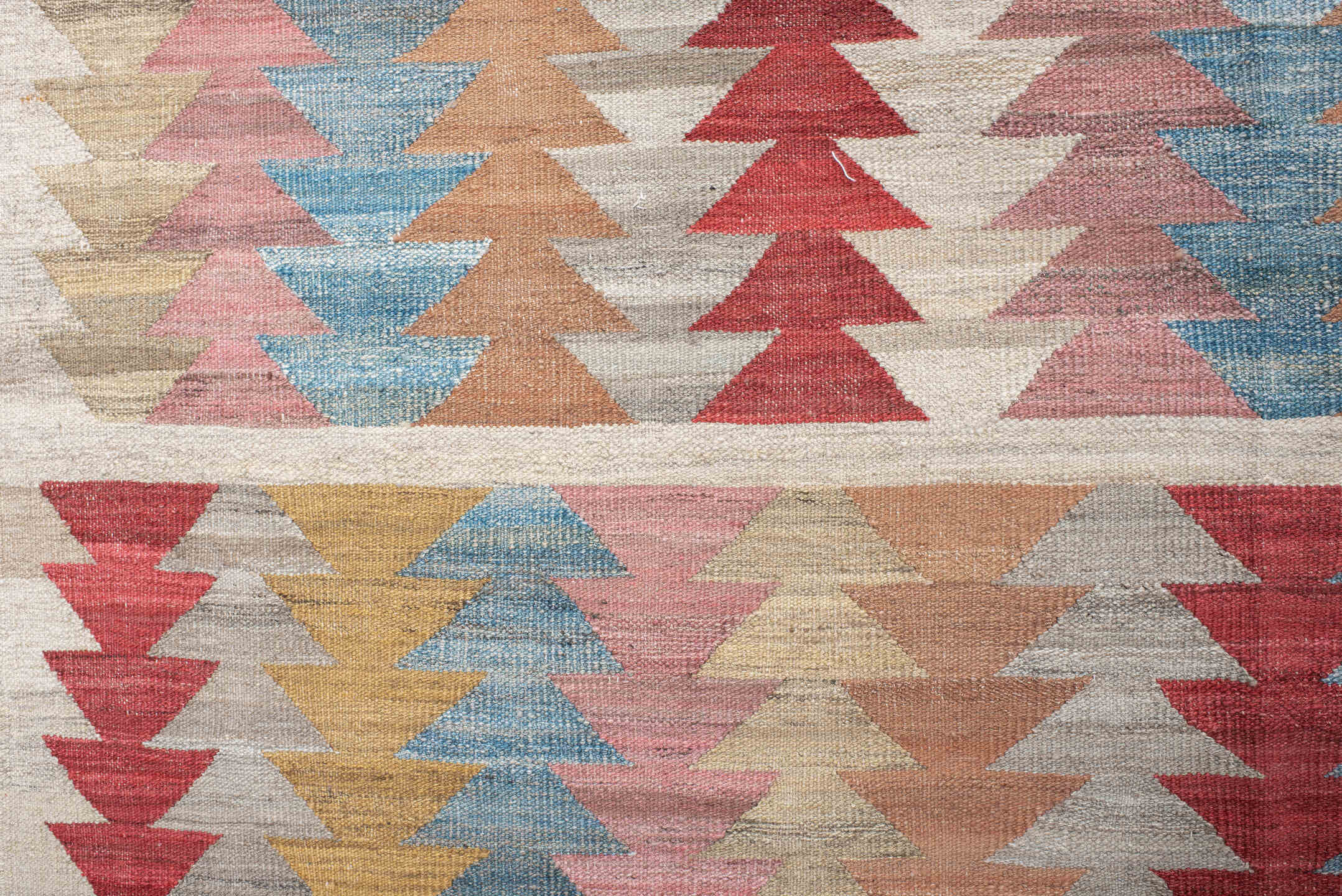 14' x 17' one-of-a-kind handmade vintage Kilim oversize rug. Color palette: ivory, sky_blue, rose, coral, gold, taupe