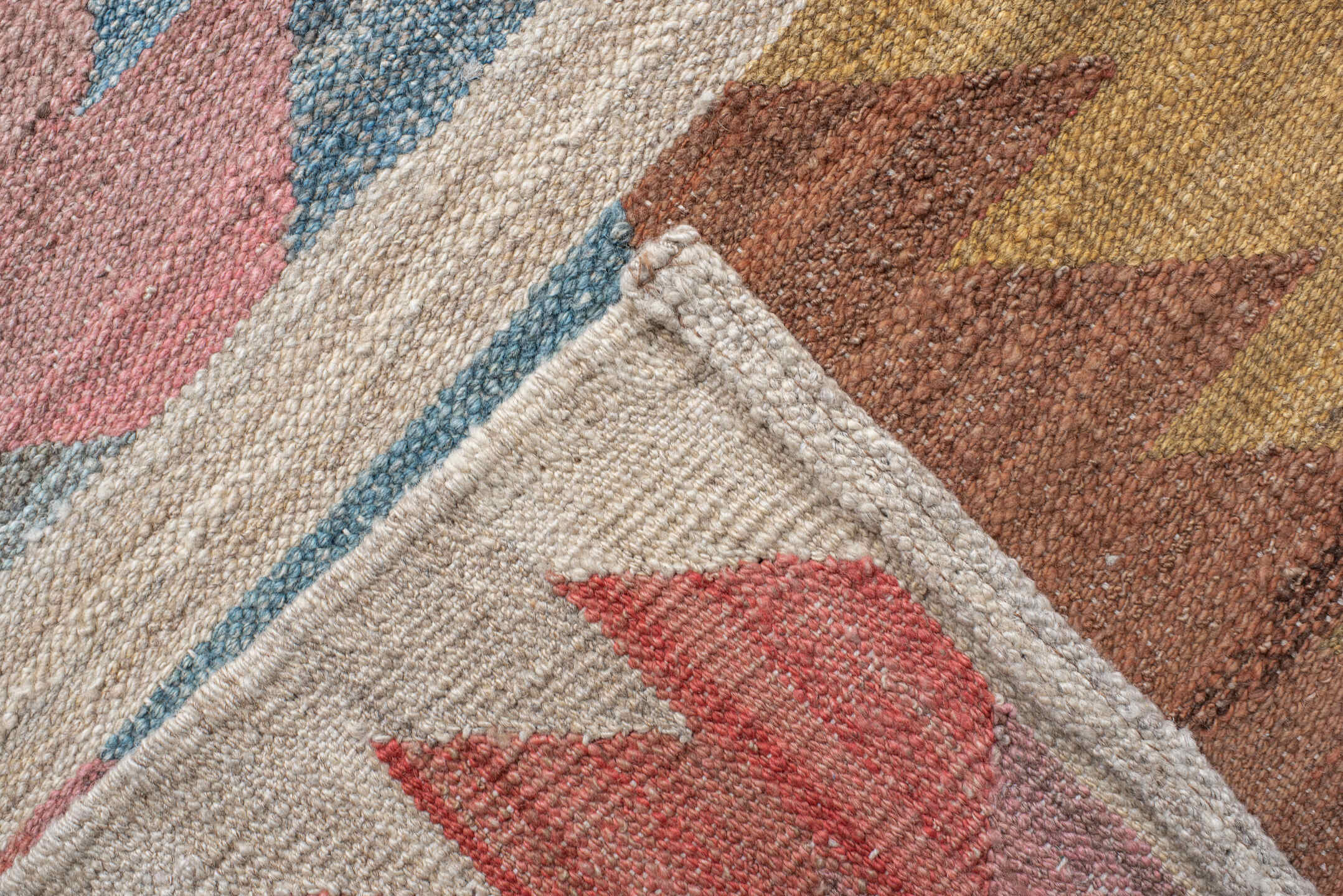 14' x 17' one-of-a-kind handmade vintage Kilim oversize rug. Color palette: ivory, sky_blue, rose, coral, gold, taupe