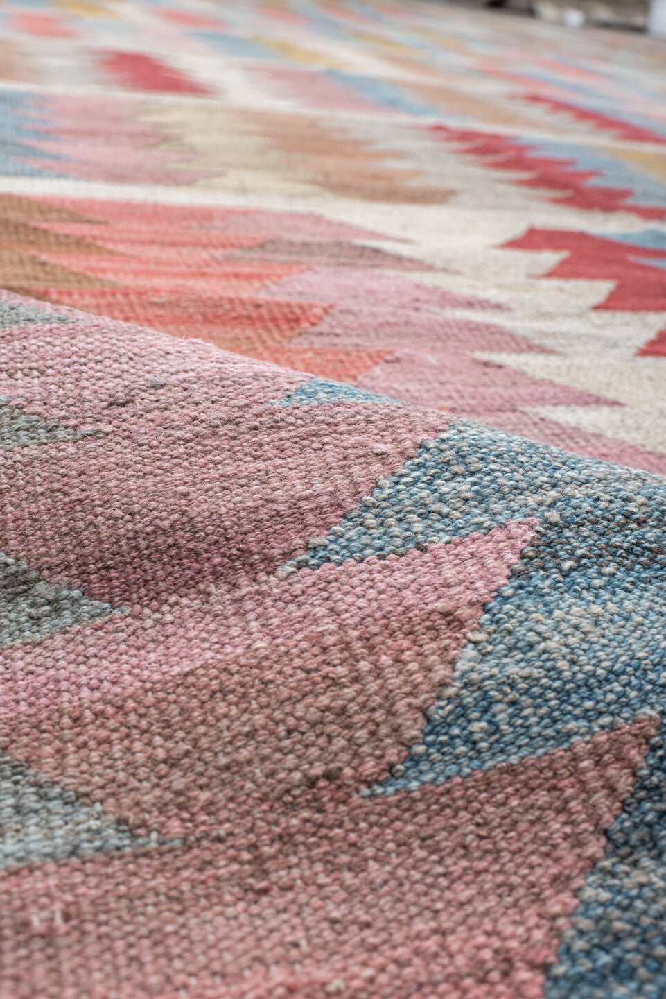 14' x 17' one-of-a-kind handmade vintage Kilim oversize rug. Color palette: ivory, sky_blue, rose, coral, gold, taupe