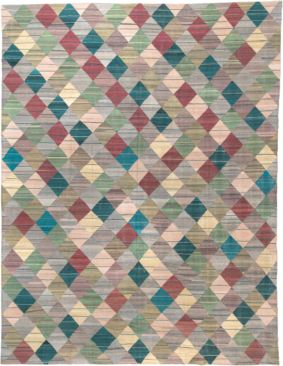 13' x 17' one-of-a-kind handmade vintage Kilim oversize rug. Color palette: taupe, teal, sage, rose, ivory, gold, gray
