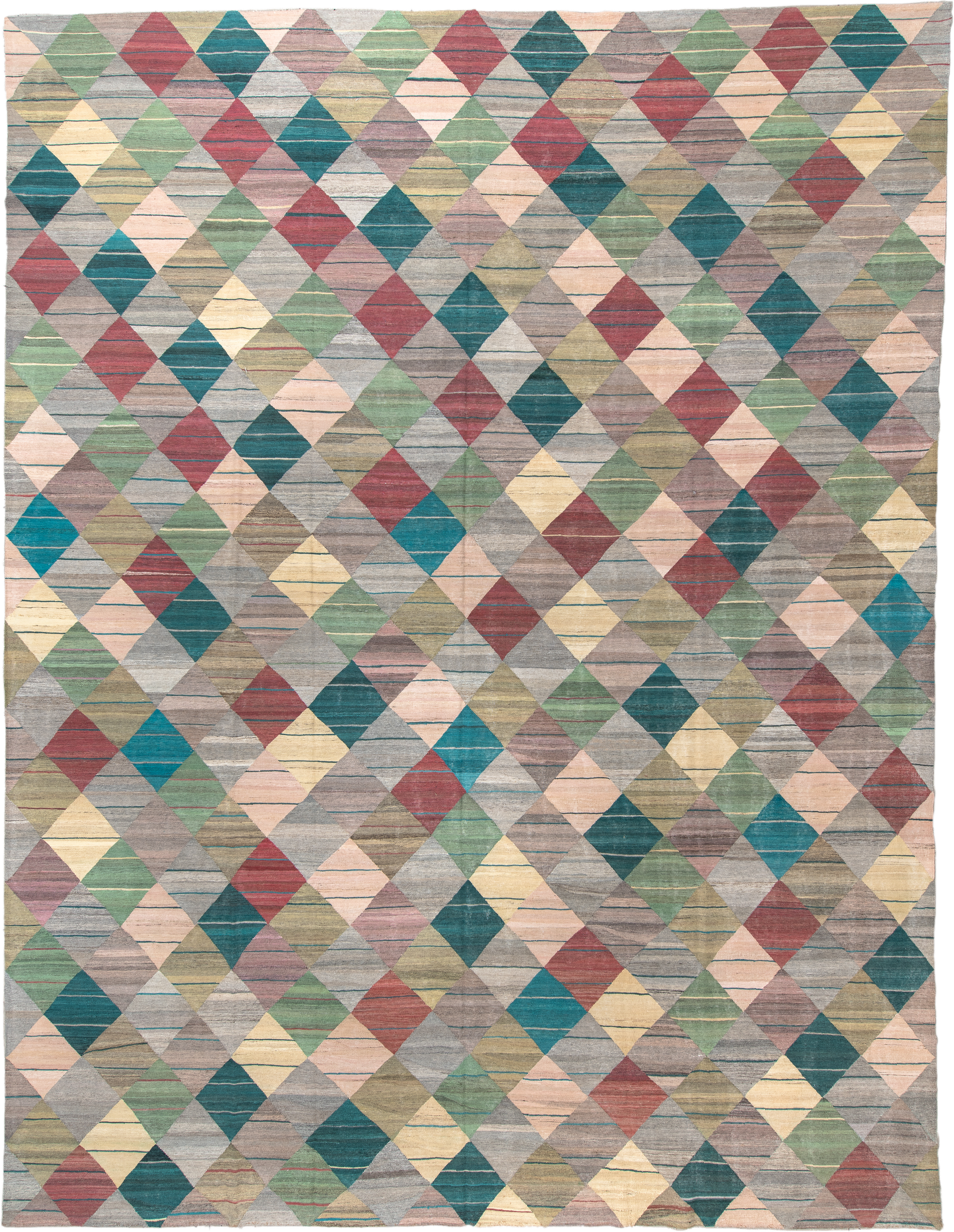 13' x 17' one-of-a-kind handmade vintage Kilim oversize rug. Color palette: taupe, teal, sage, rose, ivory, gold, gray