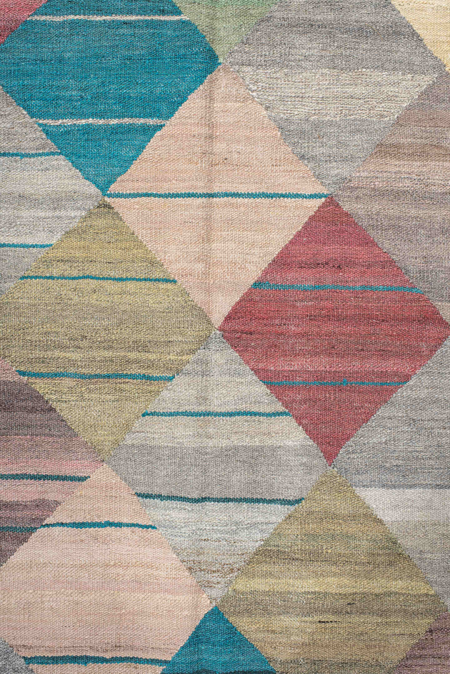 13' x 17' one-of-a-kind handmade vintage Kilim oversize rug. Color palette: taupe, teal, sage, rose, ivory, gold, gray