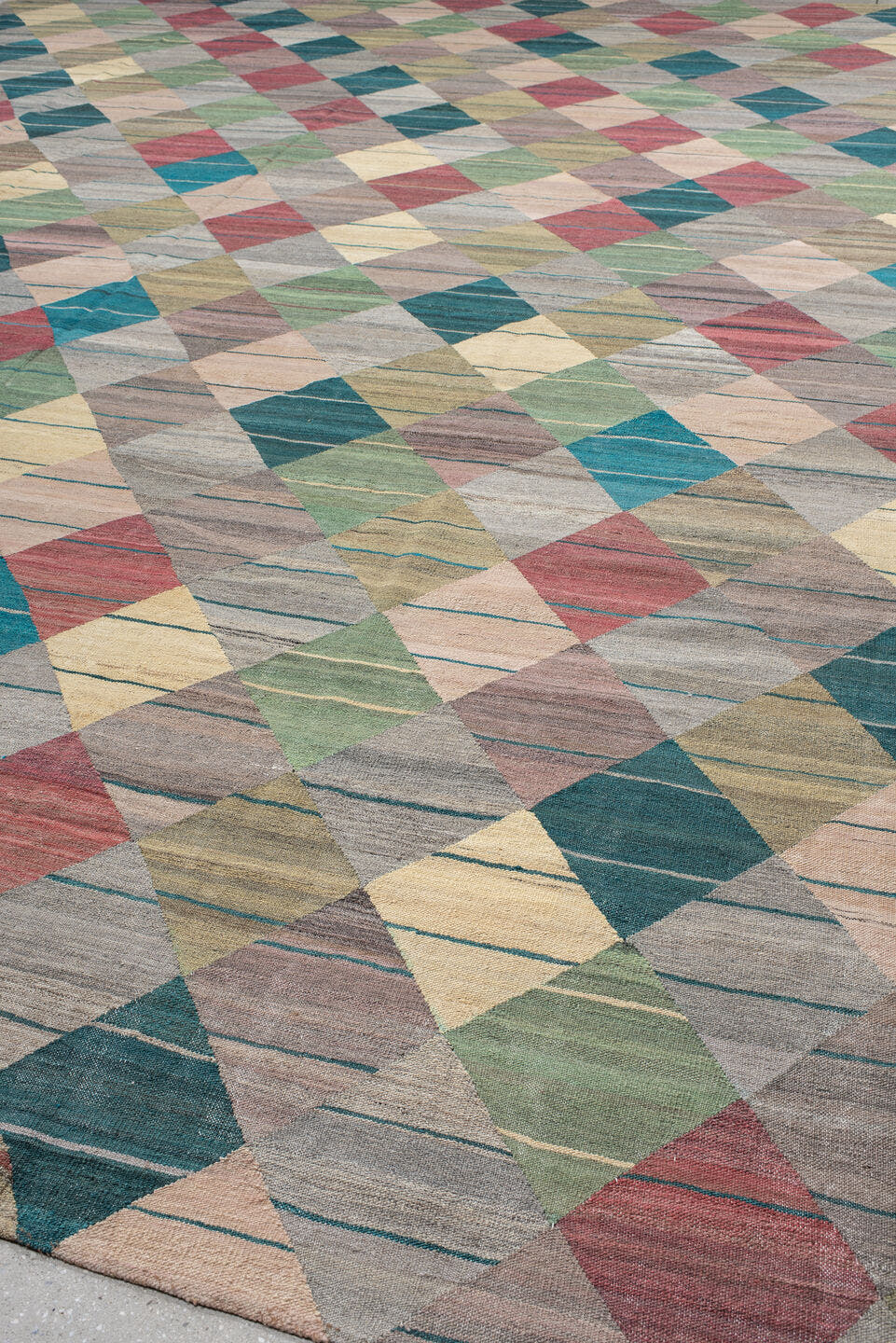 13' x 17' one-of-a-kind handmade vintage Kilim oversize rug. Color palette: taupe, teal, sage, rose, ivory, gold, gray