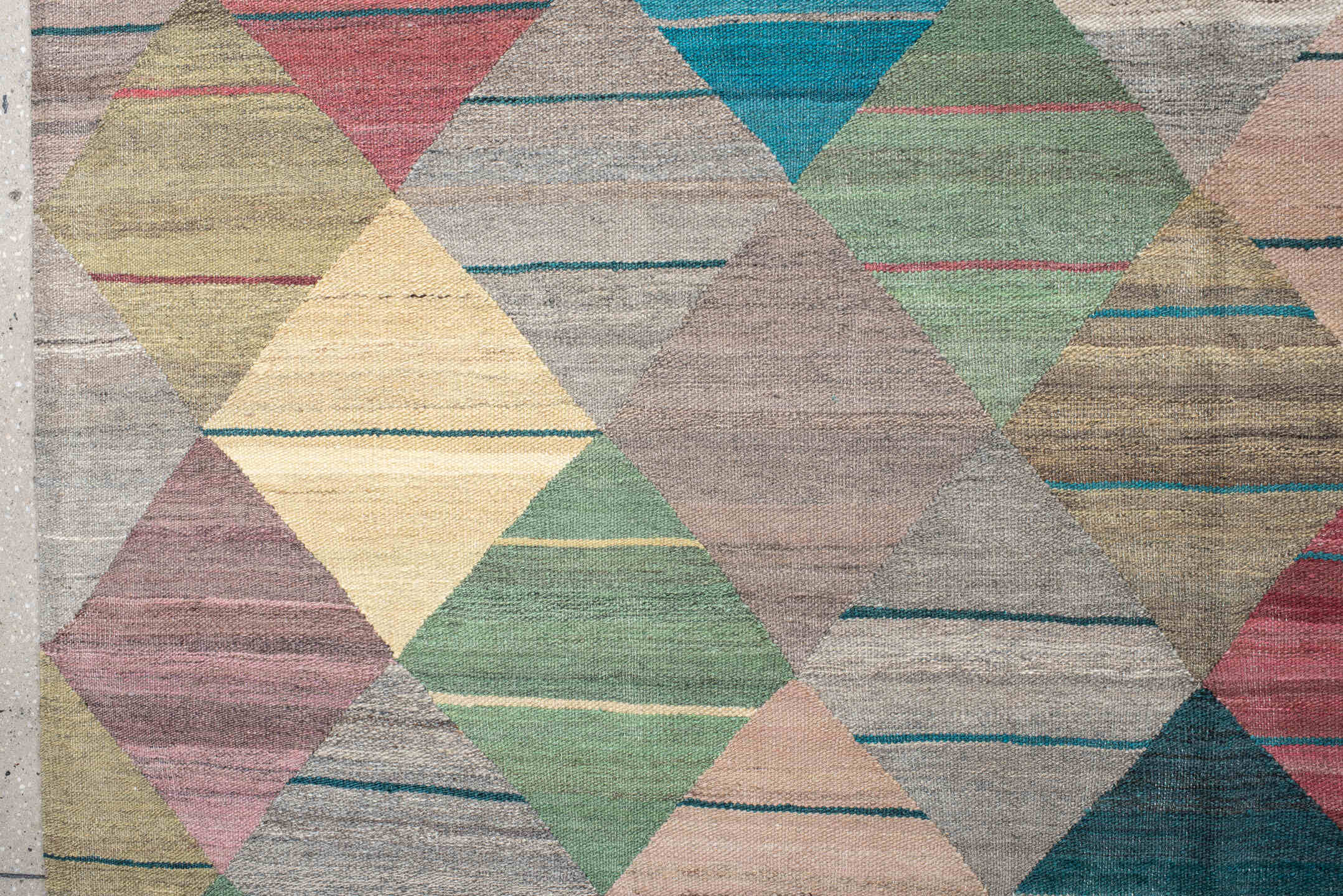 13' x 17' one-of-a-kind handmade vintage Kilim oversize rug. Color palette: taupe, teal, sage, rose, ivory, gold, gray