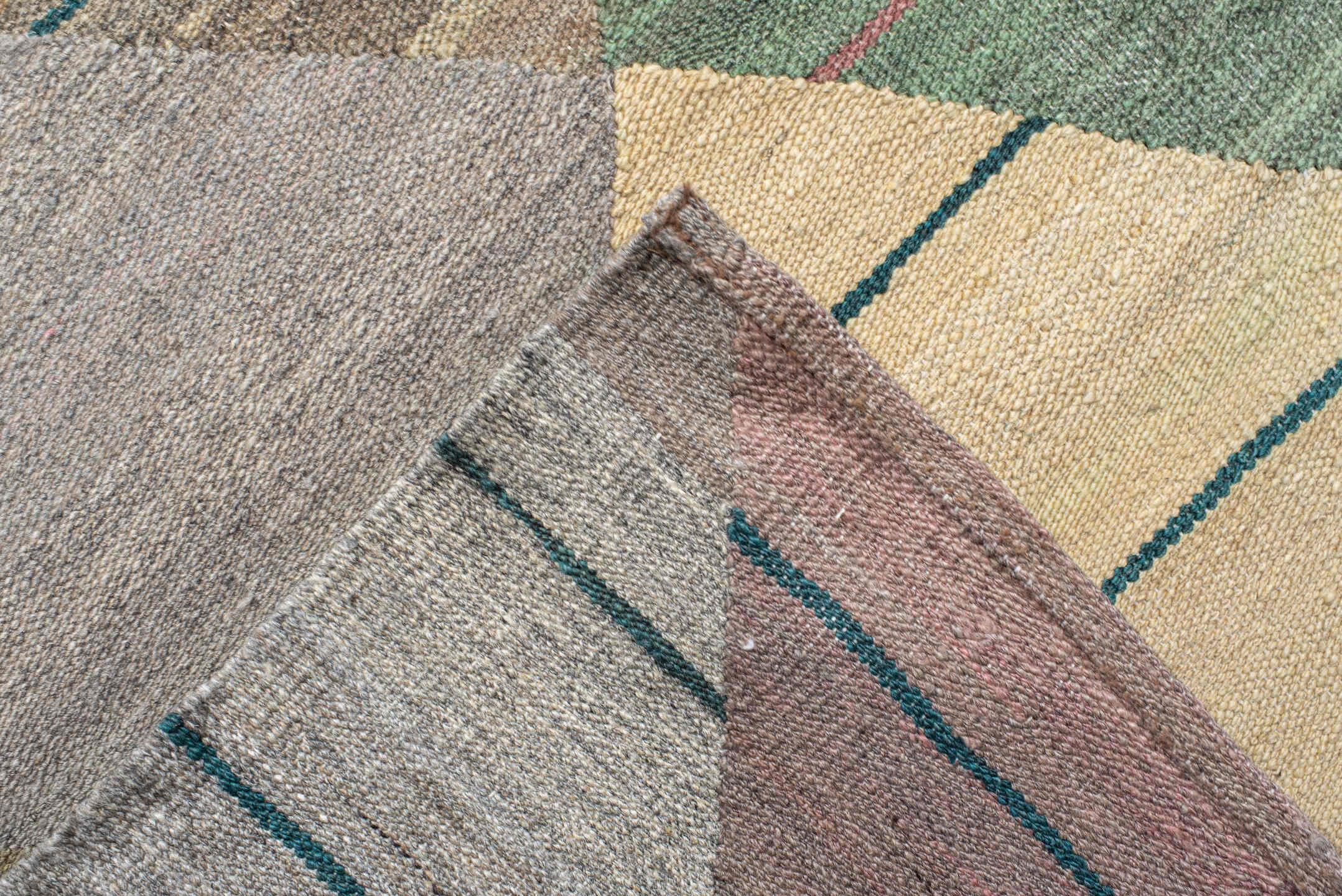 13' x 17' one-of-a-kind handmade vintage Kilim oversize rug. Color palette: taupe, teal, sage, rose, ivory, gold, gray