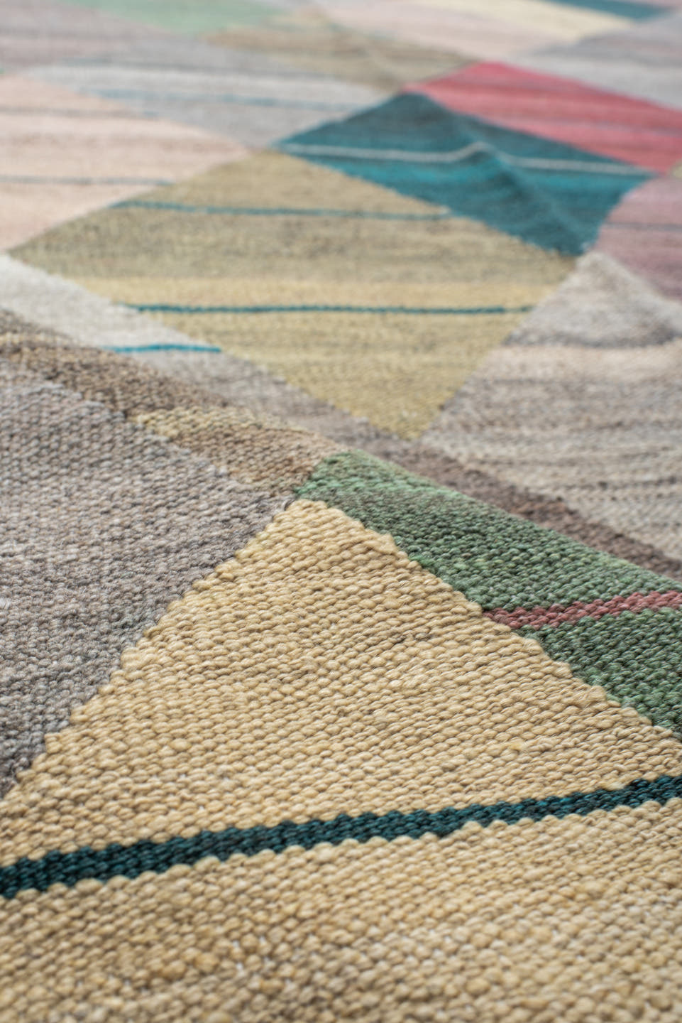 13' x 17' one-of-a-kind handmade vintage Kilim oversize rug. Color palette: taupe, teal, sage, rose, ivory, gold, gray