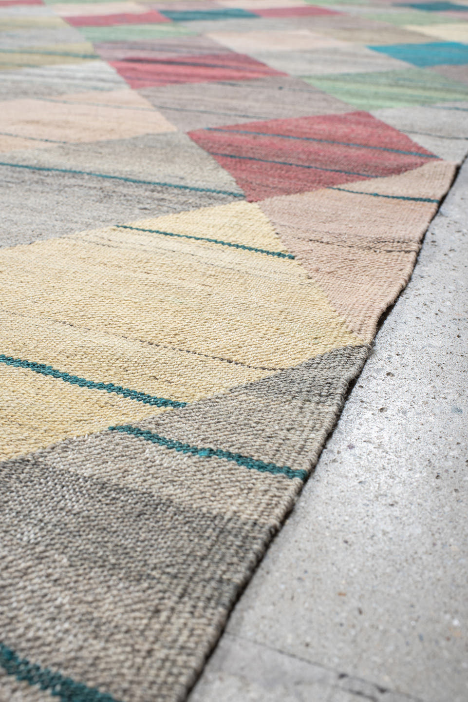 13' x 17' one-of-a-kind handmade vintage Kilim oversize rug. Color palette: taupe, teal, sage, rose, ivory, gold, gray