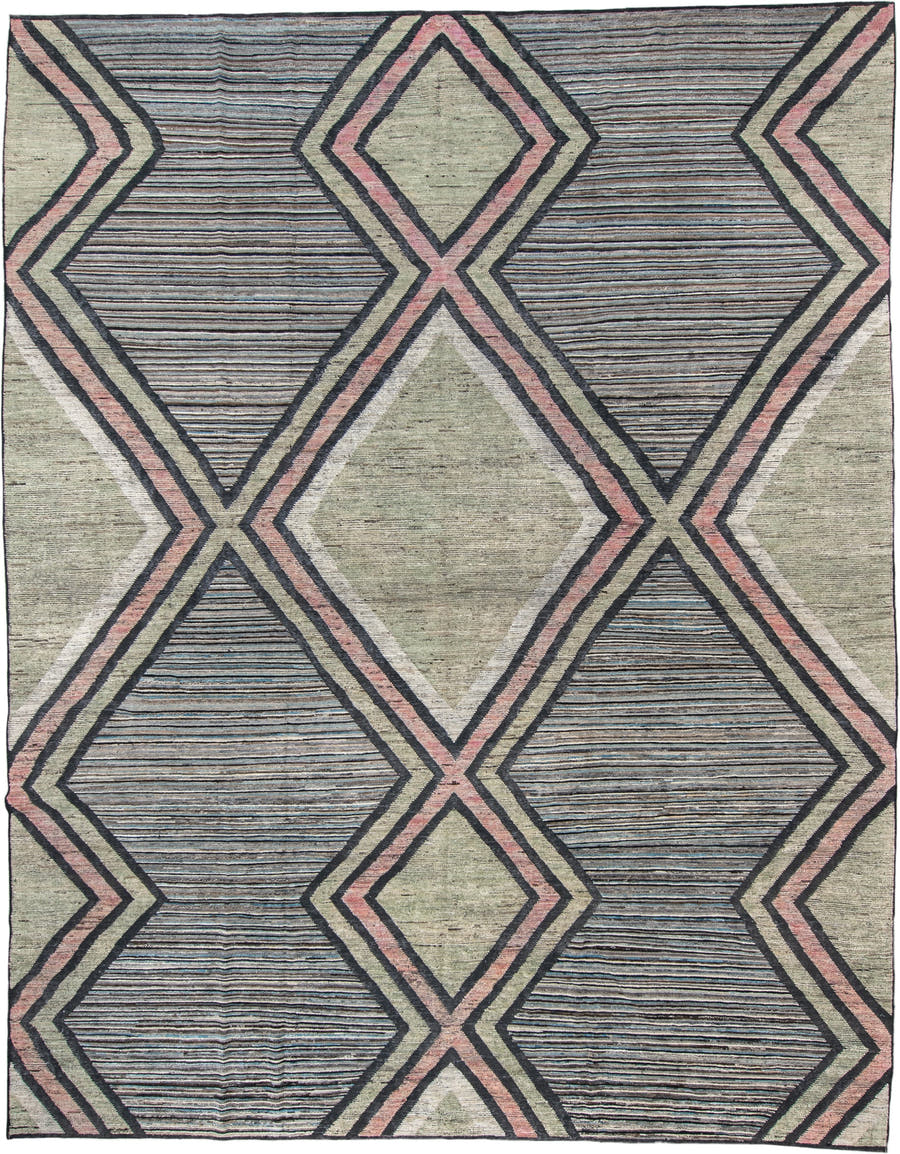 12' x 15' one-of-a-kind handmade vintage Tulu oversize rug. Color palette: sage, charcoal, ivory, blush, slate, green, gray