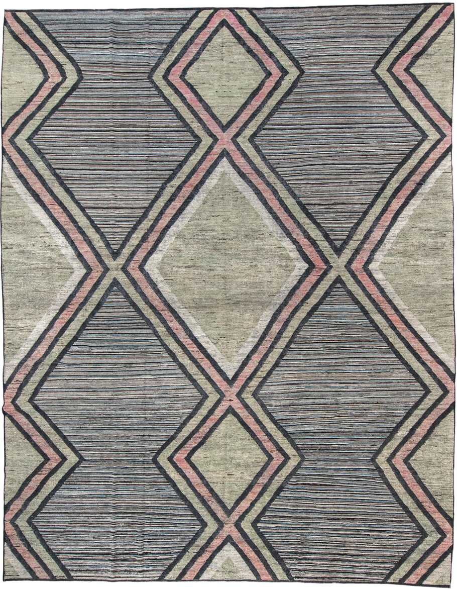 12' x 15' one-of-a-kind handmade vintage Tulu oversize rug. Color palette: sage, charcoal, ivory, blush, slate, green, gray