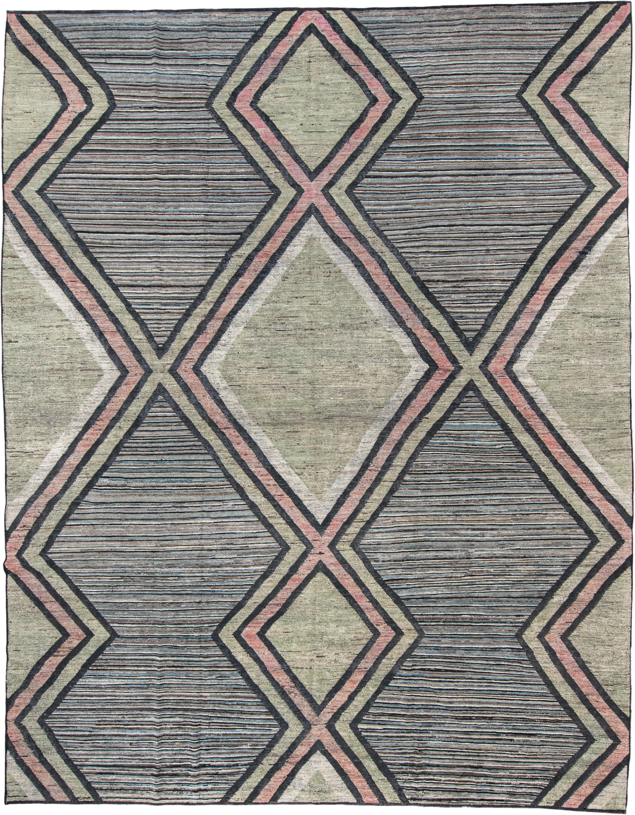 12' x 15' one-of-a-kind handmade vintage Tulu oversize rug. Color palette: sage, charcoal, ivory, blush, slate, green, gray