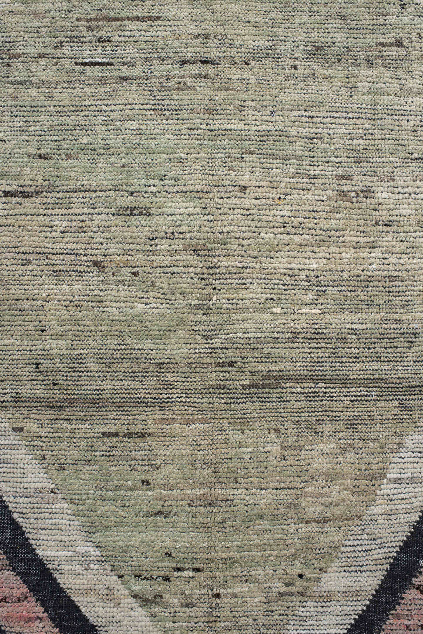 12' x 15' one-of-a-kind handmade vintage Tulu oversize rug. Color palette: sage, charcoal, ivory, blush, slate, green, gray