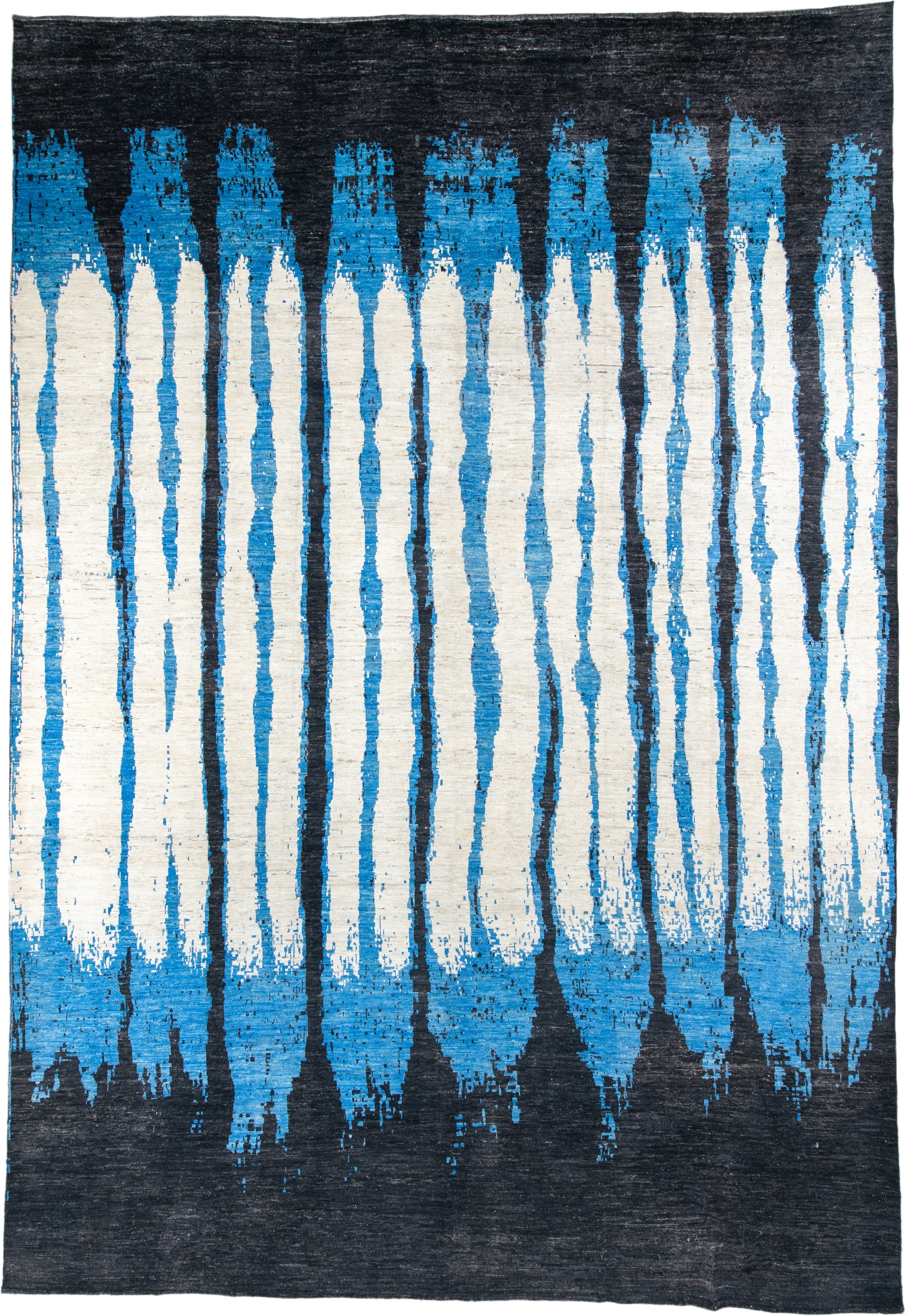 13' x 19' one-of-a-kind handmade vintage Tulu oversize rug. Color palette: ivory, charcoal, cobalt, sky_blue, gray, black