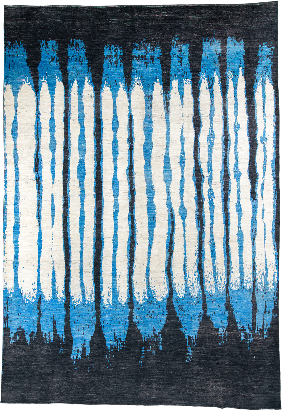 13' x 19' one-of-a-kind handmade vintage Tulu oversize rug. Color palette: ivory, charcoal, cobalt, sky_blue, gray, black