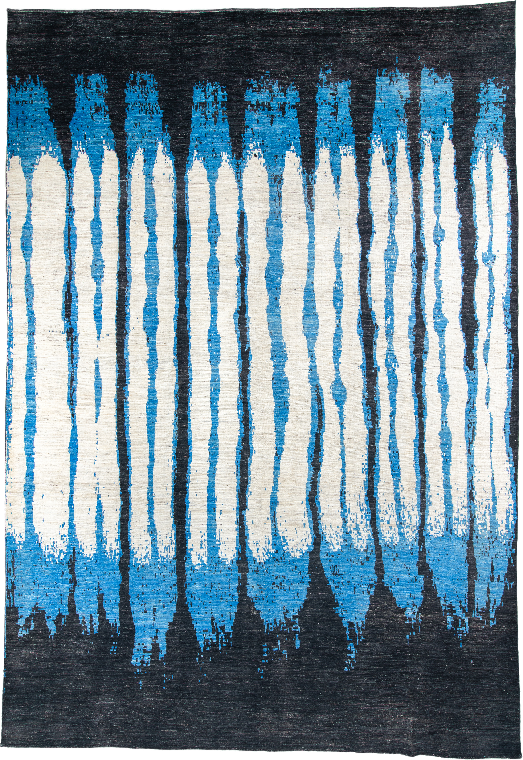 13' x 19' one-of-a-kind handmade vintage Tulu oversize rug. Color palette: ivory, charcoal, cobalt, sky_blue, gray, black