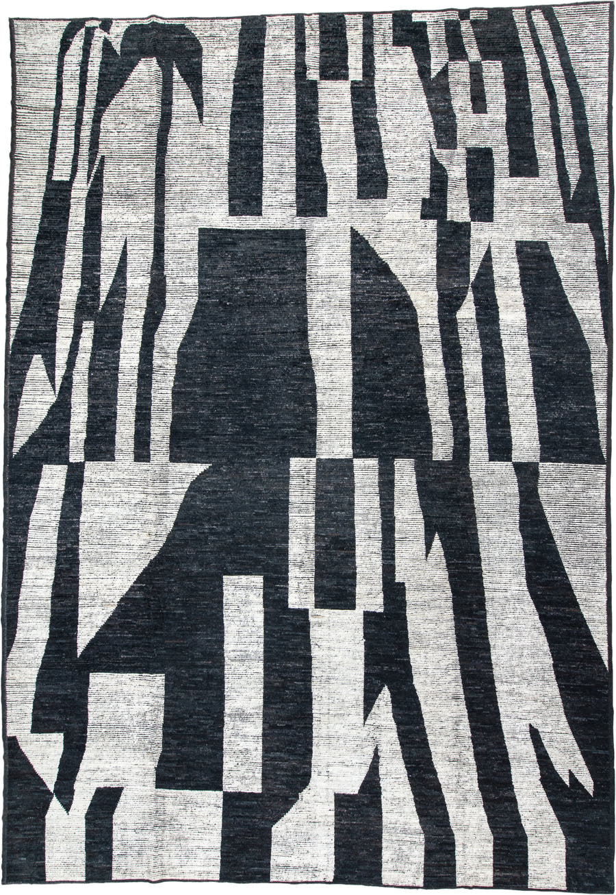 14' x 20' one-of-a-kind handmade vintage Tulu oversize rug. Color palette: ivory, charcoal, black, gray