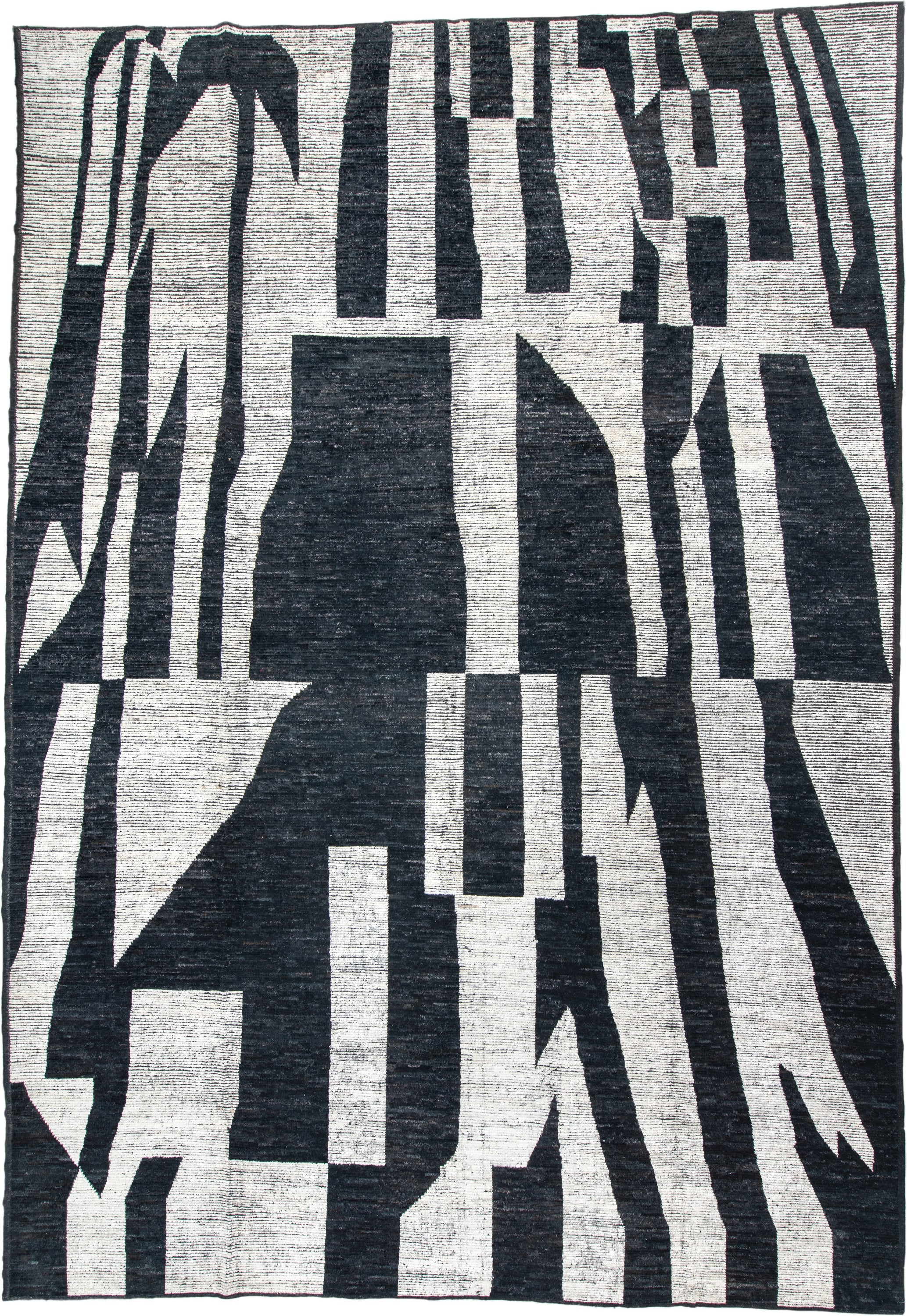 14' x 20' one-of-a-kind handmade vintage Tulu oversize rug. Color palette: ivory, charcoal, black, gray