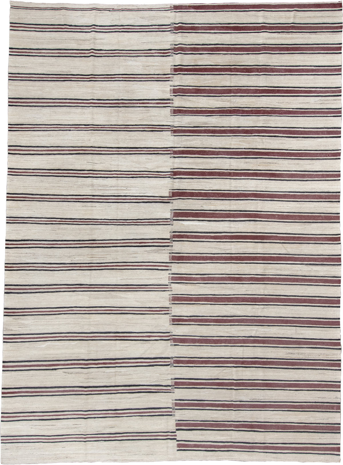 9' x 13' one-of-a-kind handmade vintage Kilim large size rug. Color palette: ivory, burgundy, charcoal, taupe, gray, black
