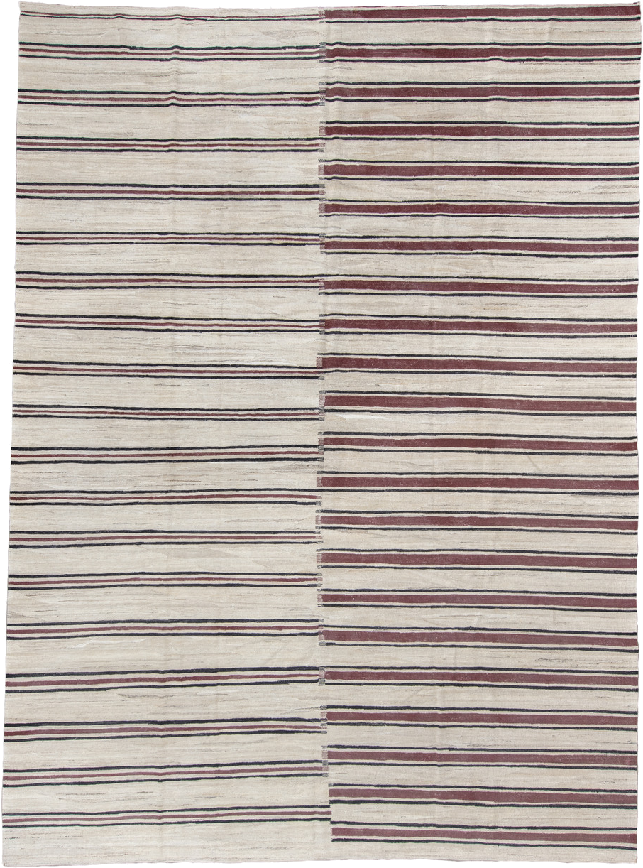 9' x 13' one-of-a-kind handmade vintage Kilim large size rug. Color palette: ivory, burgundy, charcoal, taupe, gray, black