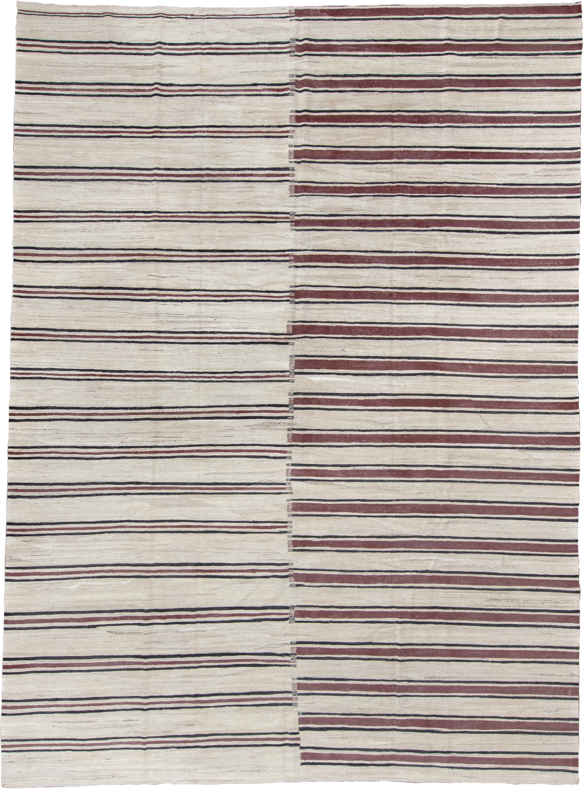 9' x 13' one-of-a-kind handmade vintage Kilim large size rug. Color palette: ivory, burgundy, charcoal, taupe, gray, black