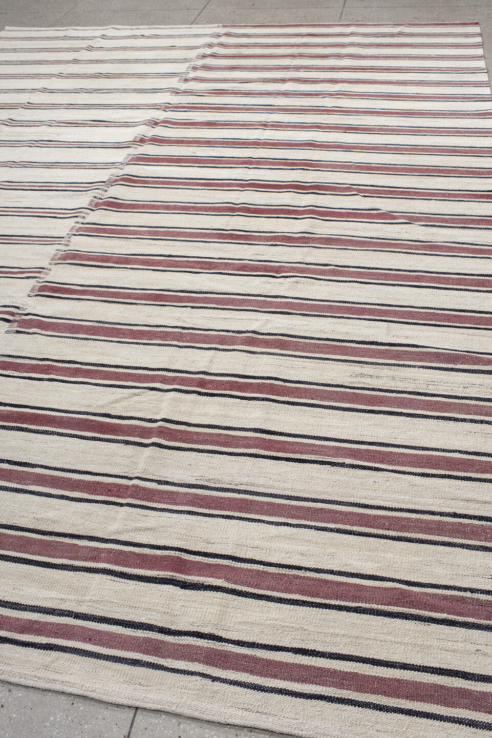 9' x 13' one-of-a-kind handmade vintage Kilim large size rug. Color palette: ivory, burgundy, charcoal, taupe, gray, black