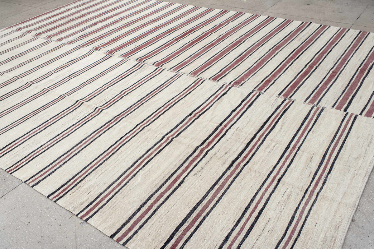 9' x 13' one-of-a-kind handmade vintage Kilim large size rug. Color palette: ivory, burgundy, charcoal, taupe, gray, black