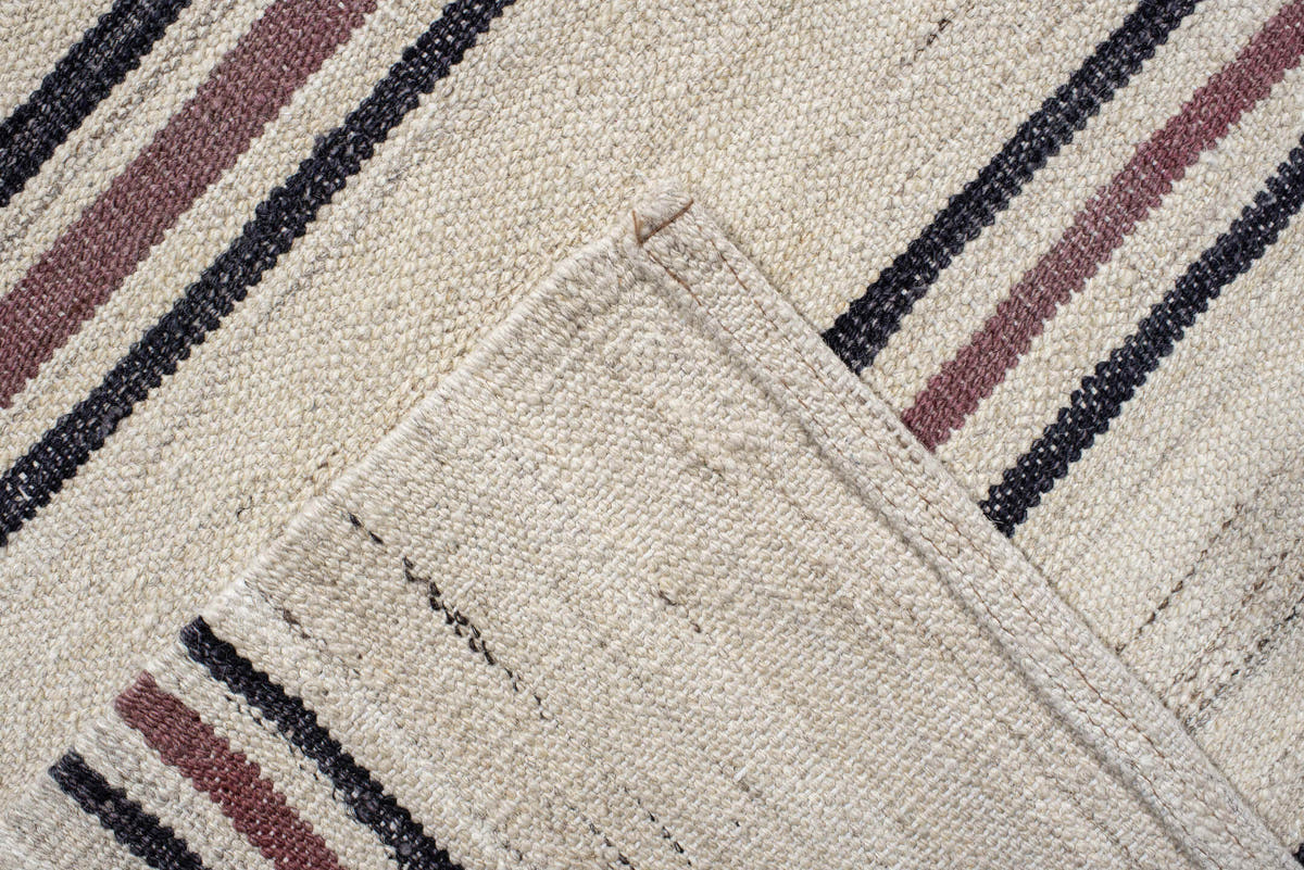 9' x 13' one-of-a-kind handmade vintage Kilim large size rug. Color palette: ivory, burgundy, charcoal, taupe, gray, black