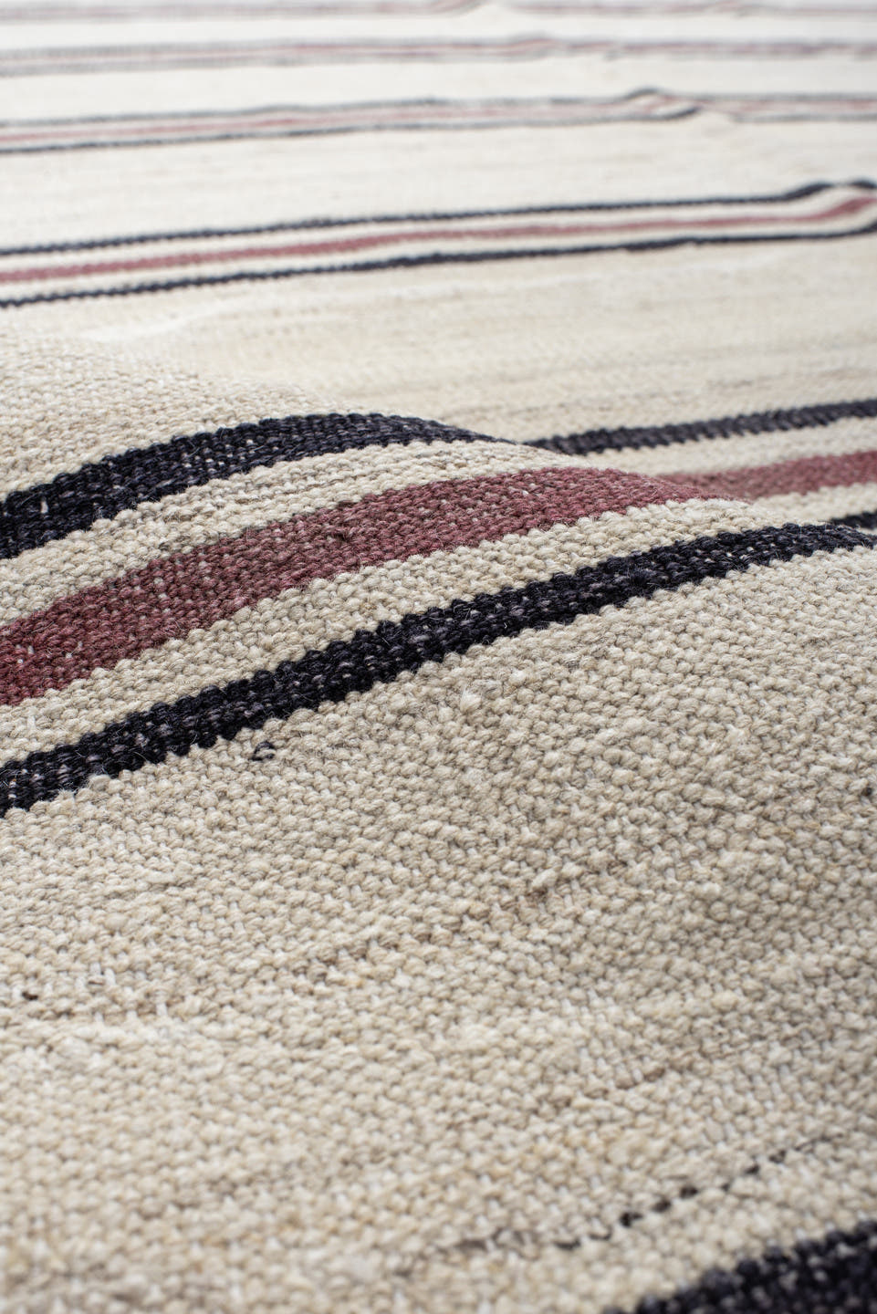 9' x 13' one-of-a-kind handmade vintage Kilim large size rug. Color palette: ivory, burgundy, charcoal, taupe, gray, black