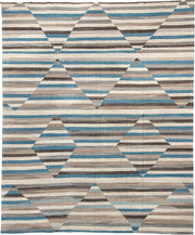 13' x 15' one-of-a-kind handmade vintage Kilim oversize rug. Color palette: ivory, taupe, charcoal, turquoise, gray, beige